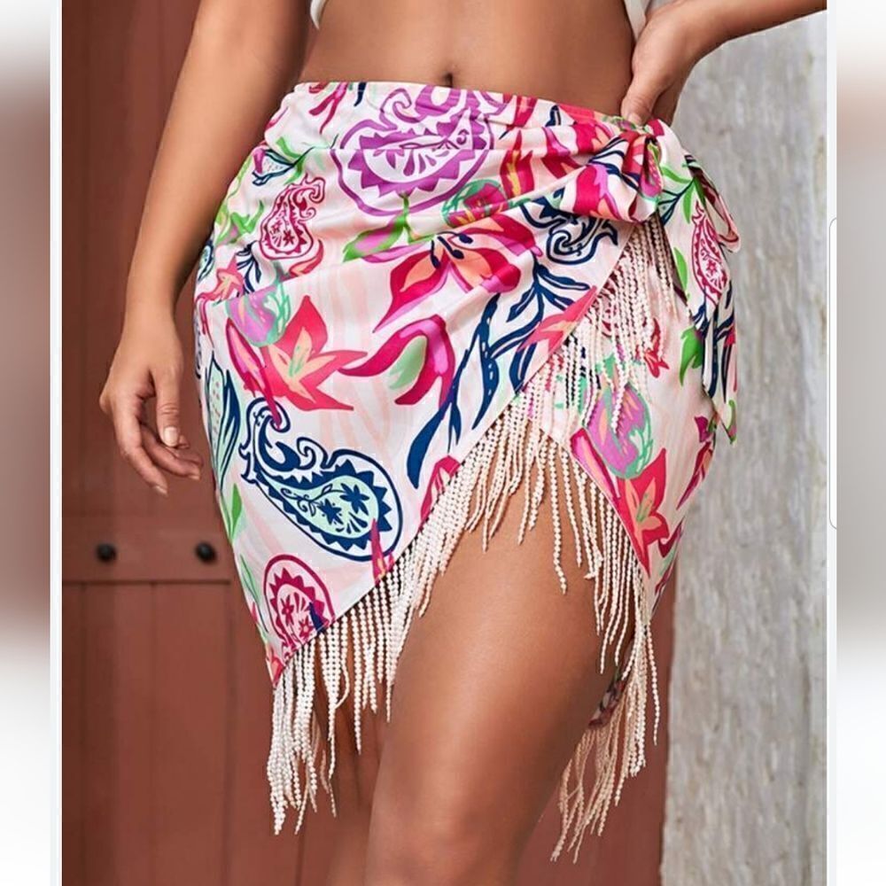 Women's Floral Tie Side Wrap Tassel Mini Skirt Cover Up Beach Skirt